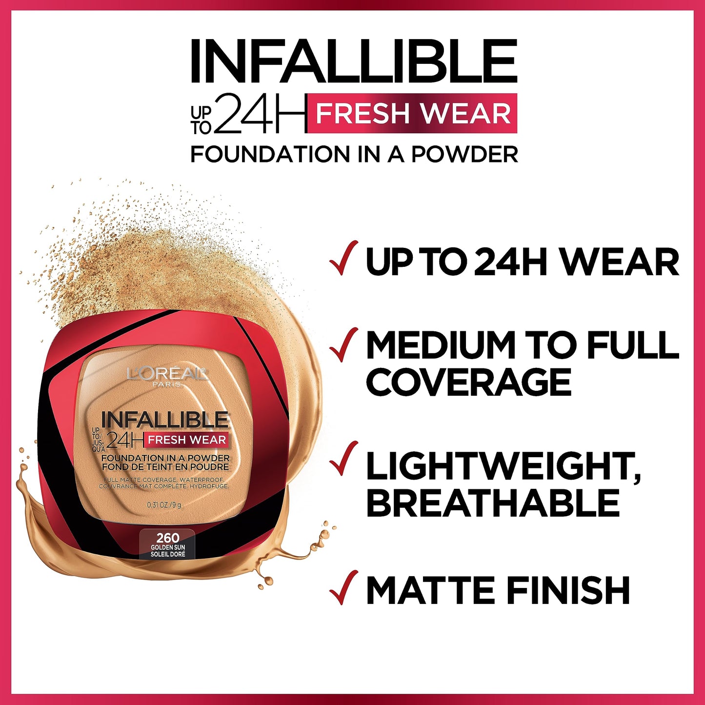L'Oreal Paris Infallible Fresh Wear Foundation in a Powder - Up to 24H Wear, Waterproof, Beige Sand