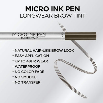 L'Oreal Paris Micro Ink Pen by Brow Stylist - Longwear Brow Tint, Hair-Like Effect, 48HR, Dark Brunette