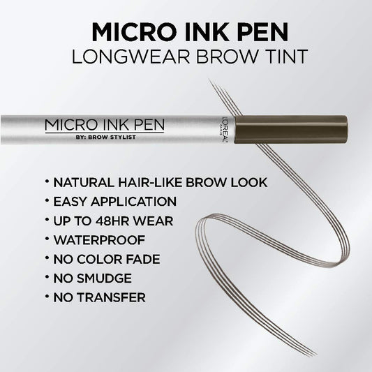 L'Oreal Paris Micro Ink Pen by Brow Stylist - Longwear Brow Tint, Hair-Like Effect, 48HR, Dark Brunette