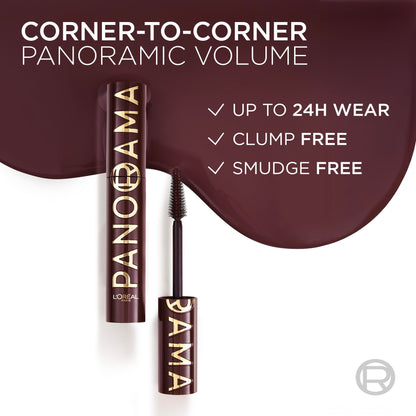 L'Oreal Paris Panorama Mascara Burgundy – Volumizing & Lengthening, 24-Hour Wear, Smudge-Resistant