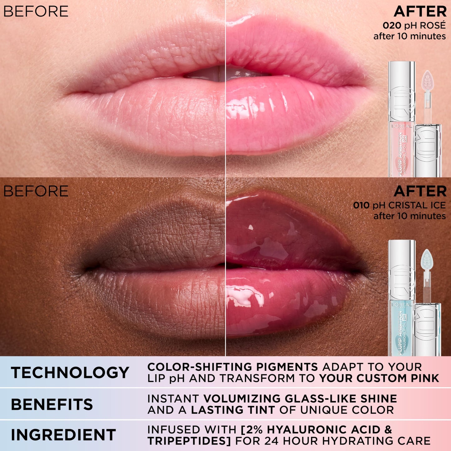 L'Oreal Paris Plump Ambition pH Hyaluron Lip Oil – Color-Changing Lip Tint, 24HR Hydration, Berry Noir