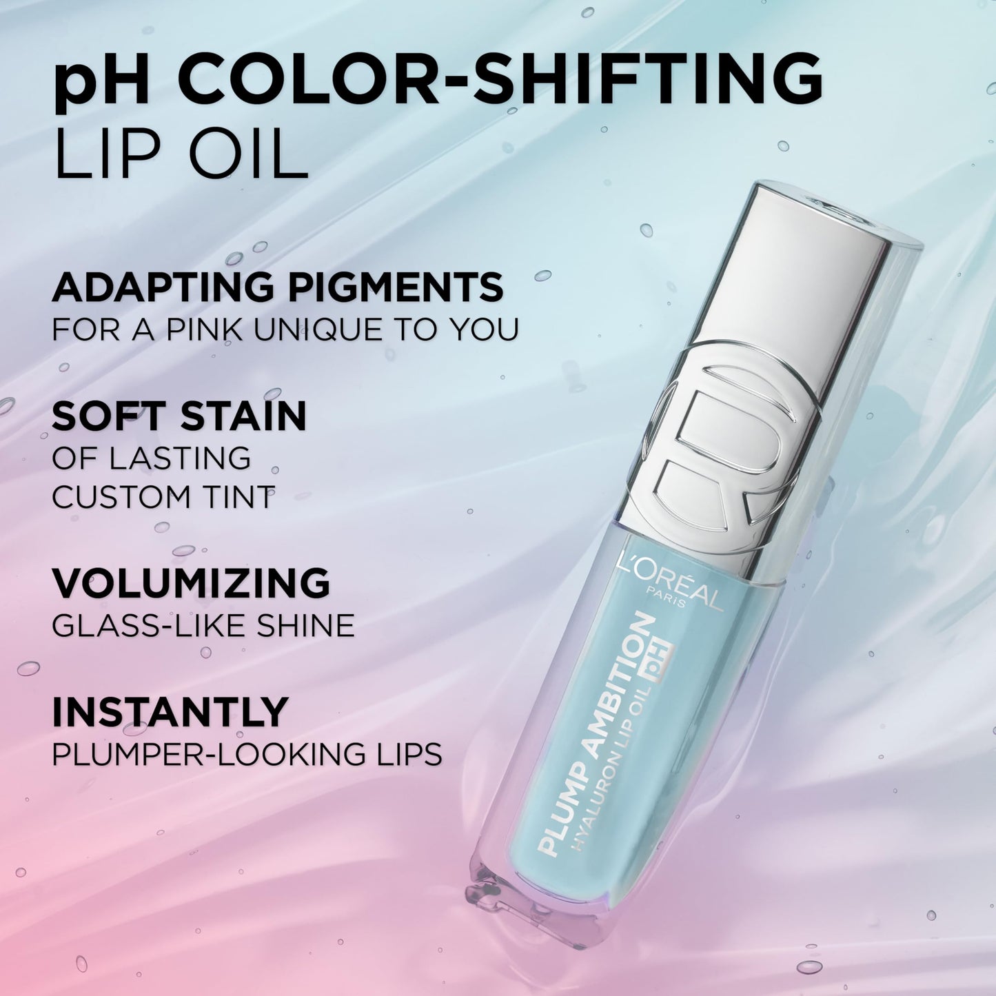 L'Oreal Paris Plump Ambition pH Hyaluron Lip Oil – 24HR Hydration, Color-Changing Shine, 050 Lilac