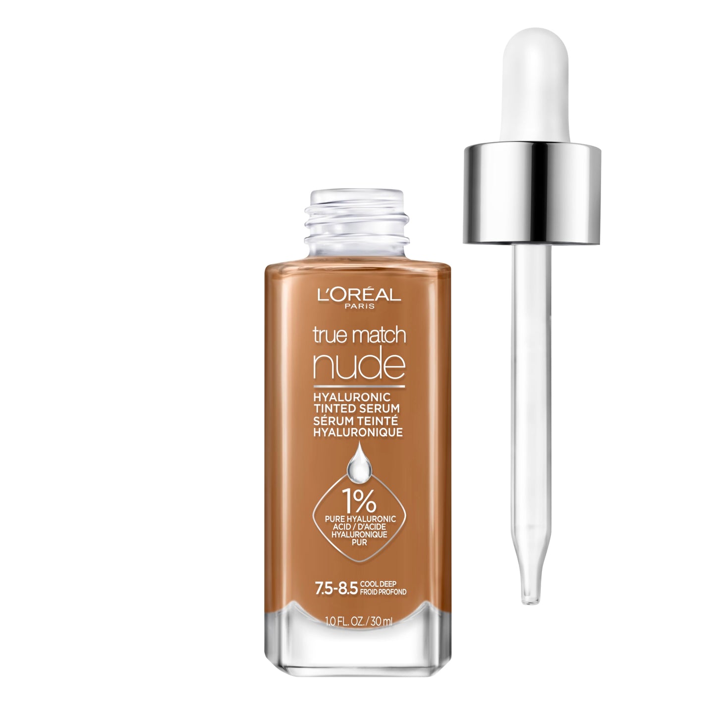 L'Oreal Paris True Match Nude Hyaluronic Serum Foundation – Cool Deep 7.5-8.5 (1% HA) | Hydrating Tint