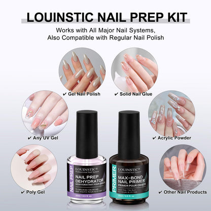 LOUINSTIC HEMA-Free Nail Dehydrator & Primer for Gel Polishes (2x15mL) with Chrome Powder