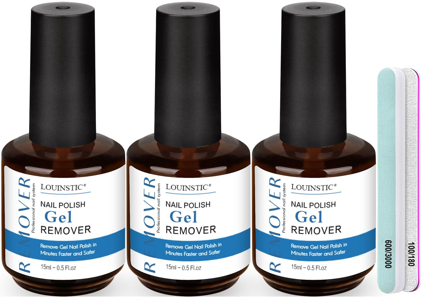 Louinstic Gel Polish Remover Kit – 45ml, Fast 2–5 Minute Gel Removal, Acetone-Free & Gentle, Includes 3 Bottles + 2 Files