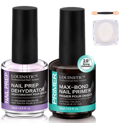 LOUINSTIC HEMA-Free Nail Dehydrator & Primer for Gel Polishes (2x15mL) with Chrome Powder