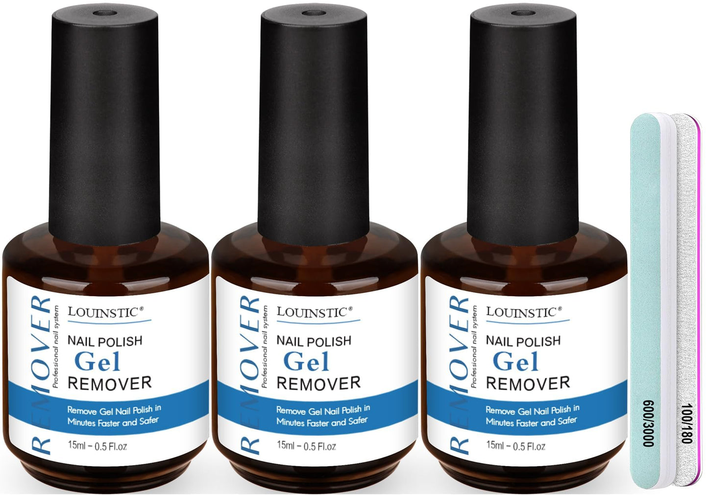 LOUINSTIC Gel Nail Polish Remover Kit – 3x15ml + Nail File | Gentle, Acetone-Free, Easy At-Home Removal