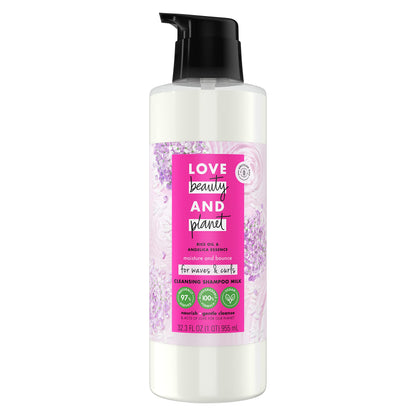 Love Beauty and Planet Shampoo Milk Moisture & Bounce for Waves & Curls – Rice Oil & Angelica Essence, 100% Biodegradable, 32 oz
