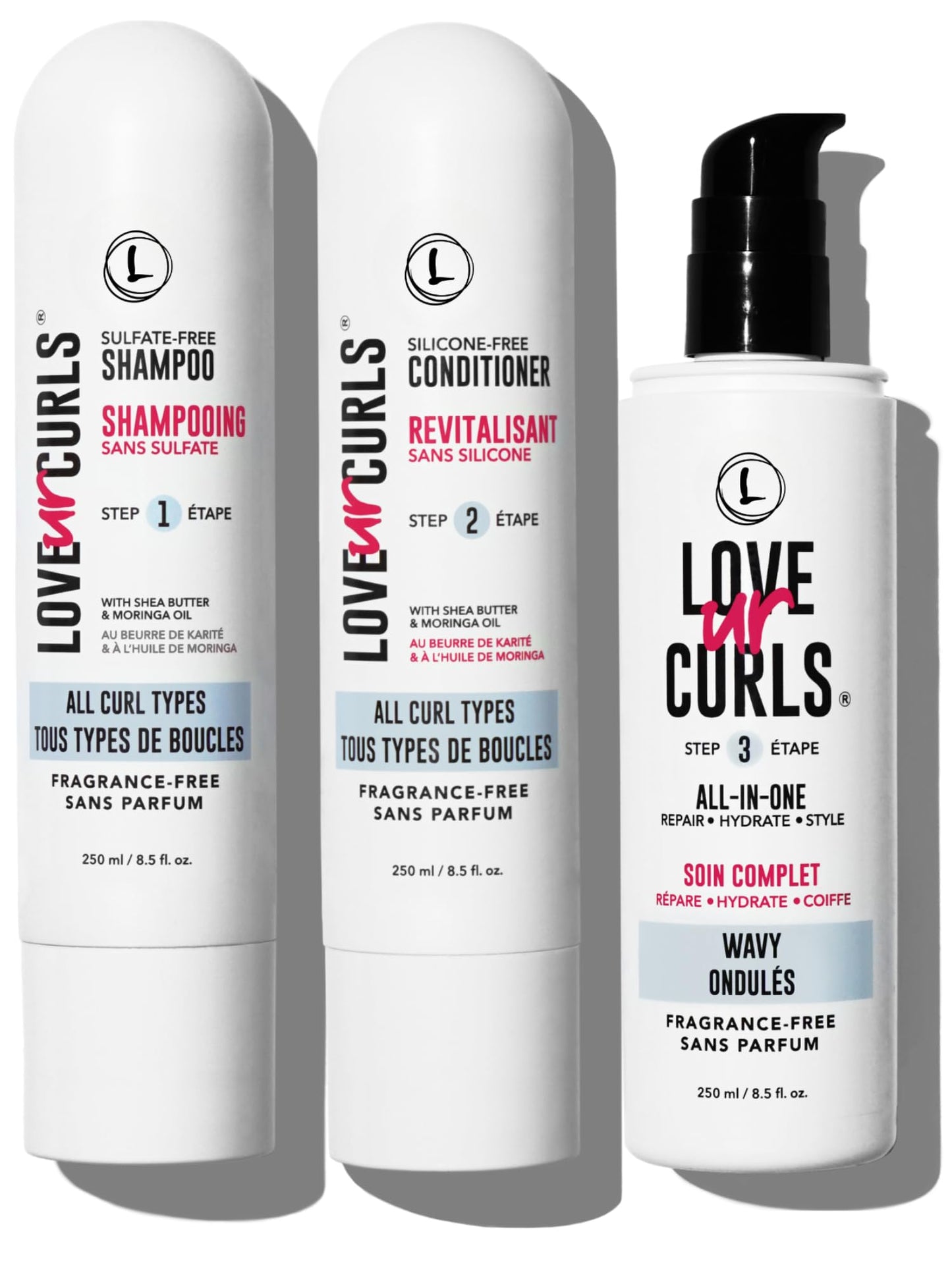 Love Ur Curls Fragrance-Free Wavy Hair 3-Step Set – Shampoo, Conditioner & Curl Cream (200 mL)