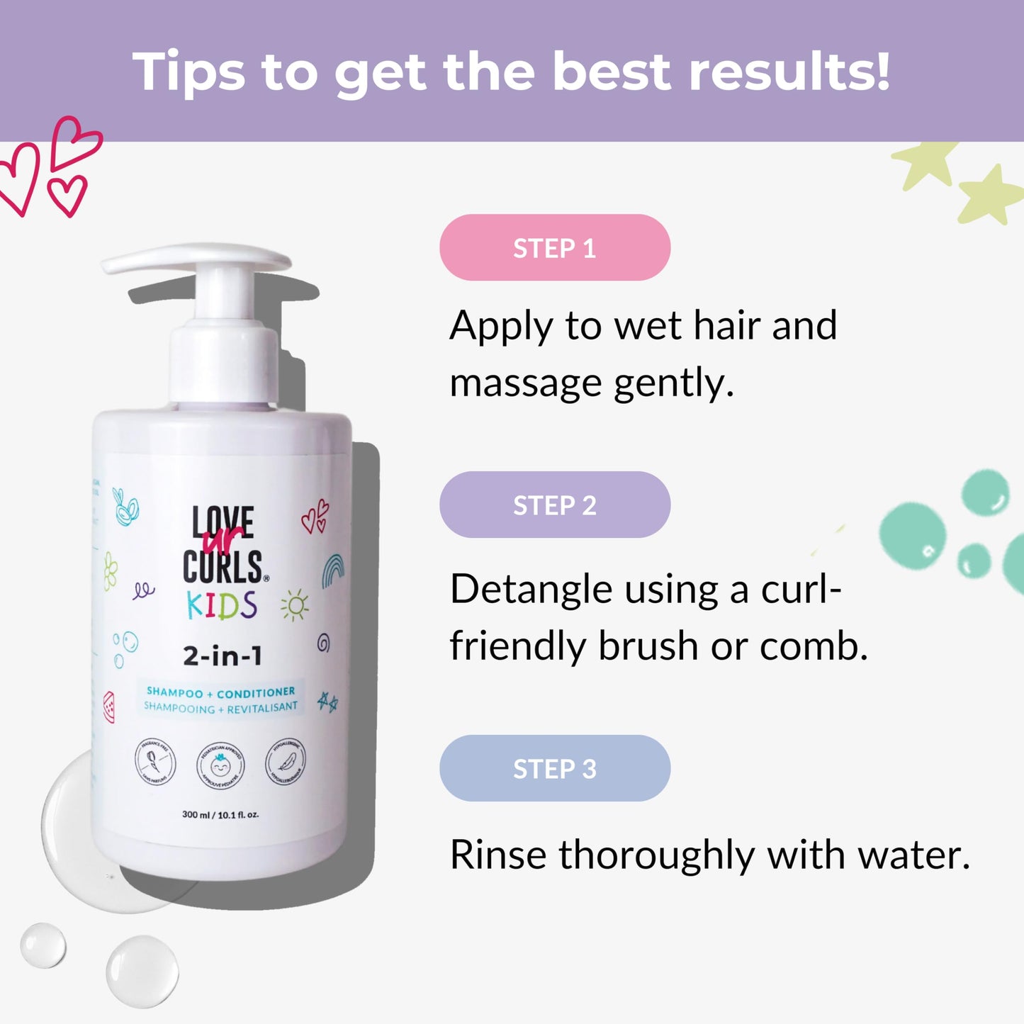 Love Ur Curls Kids LUCK 2in1 Shampoo & Conditioner – Fragrance Free, Tear Free, Pediatrician Approved, Sulfate & Paraben Free, 300 mL