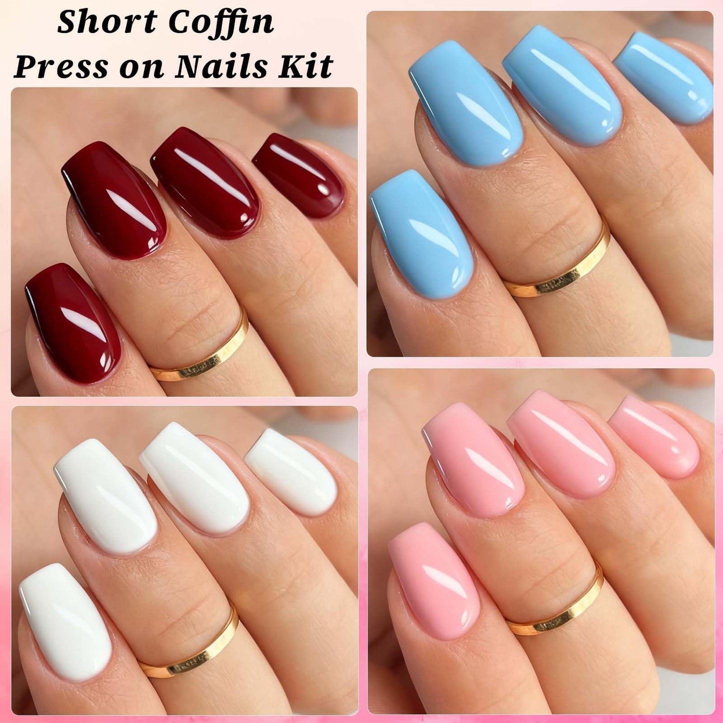 LoveOurHome 576pc Coffin Press-On Nails Set | Short Full-Cover Ballerina Nails with Glue Tabs