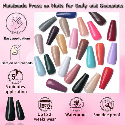 LoveOurHome 576pc Coffin Press-On Nails – Long Full-Citn Cover Ballerina Tips in 24 Glossy Colors