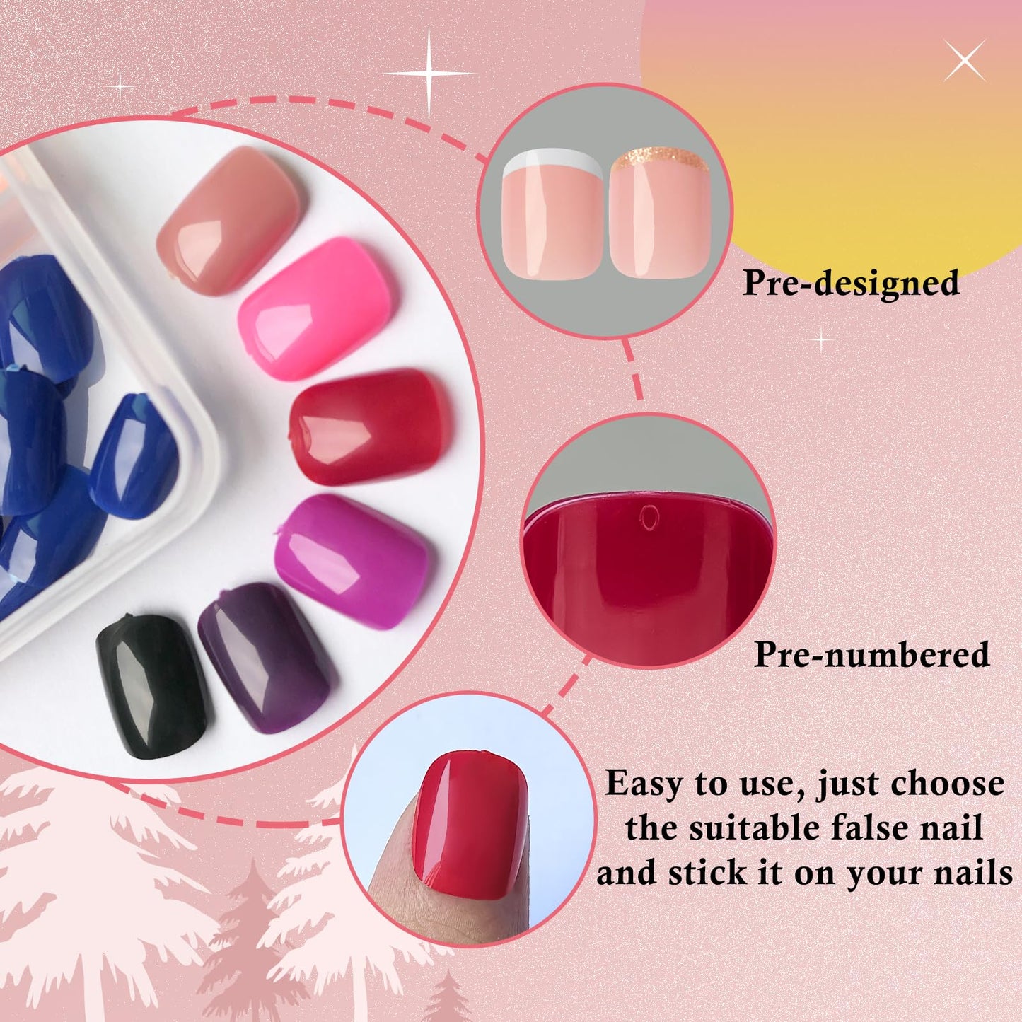 LoveOurHome 288pc Round Square Press-On Nails Kit – Short, Durable Glue-On Nails