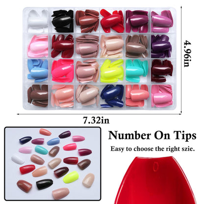 LoveOurHome 576pc Coffin Press On Nails – Short Full-Cover, 24 Glossy Colors, 10 Sizes