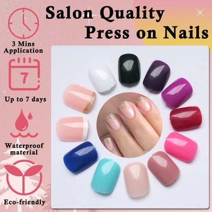 LoveOurHome 288pc Round Square Press-On Nails Kit – Short, Durable Glue-On Nails