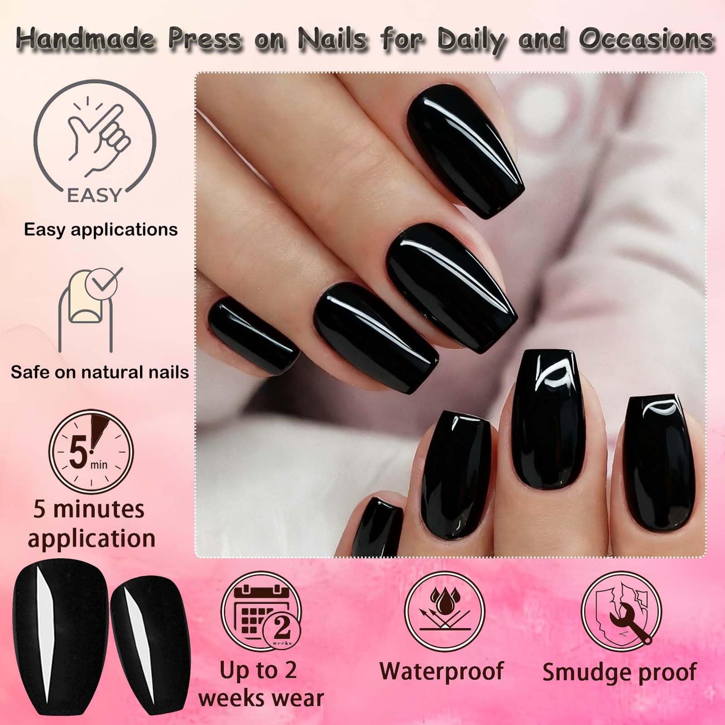 LoveOurHome 576pc Coffin Press On Nails – Short Full-Cover, 24 Glossy Colors, 10 Sizes