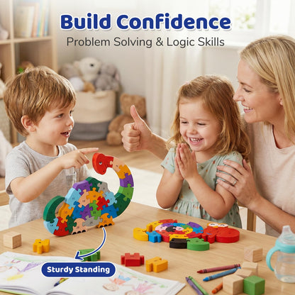LovesTown Wooden Puzzles for Kids – Dino & Snail 2-Pack, Alphabet & Numbers, Montessori Toy