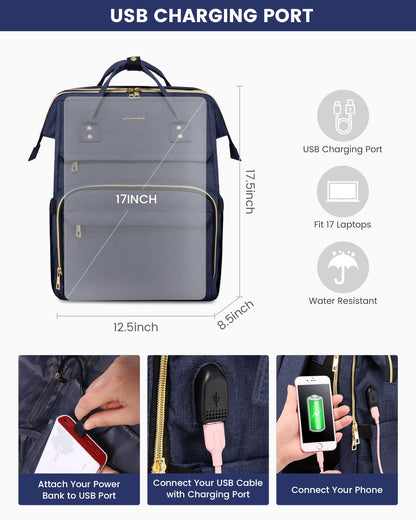 LOVEVOOK 17.3-Inch Laptop Backpack for Women – Navy, Water-Resistant, USB Port