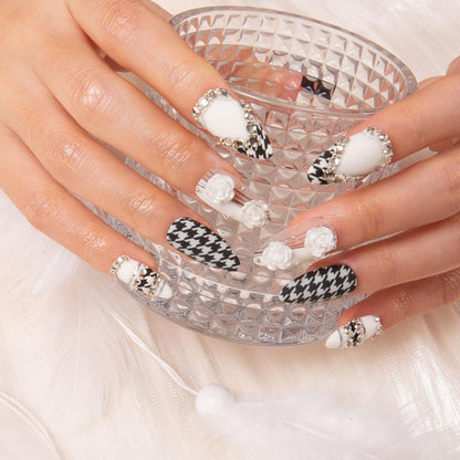 LOVFUL Houndstooth Press-On Nails – Full-Covered Crystals, Reusable Almond Regular 1.0 in