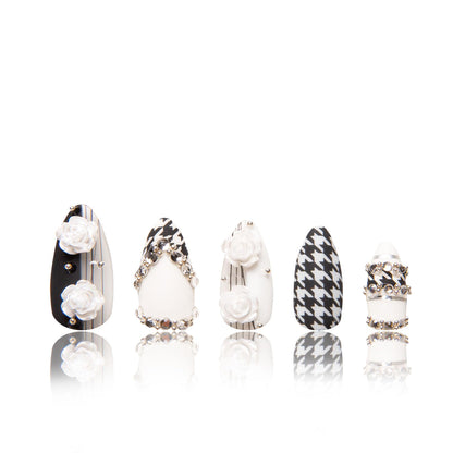 LOVFUL Houndstooth Press-On Nails – Full-Covered Crystals, Reusable Almond Regular 1.0 in