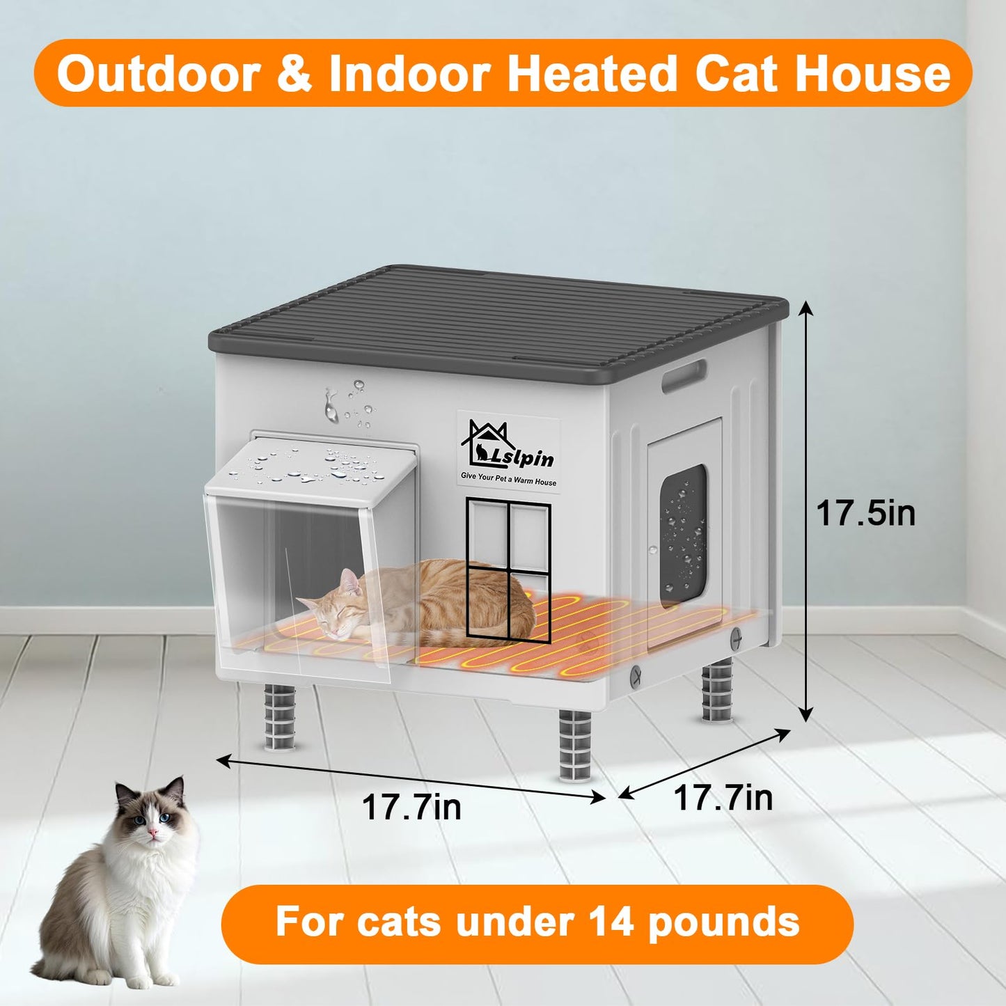 Lslpin Indestructible Heated Cat House for Outdoor Cats – Weatherproof, Insulated Shelter with Escape Door (17.7×17.7×17.5 in)