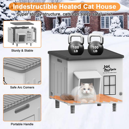 Lslpin Indestructible Heated Cat House for Outdoor Cats – Weatherproof, Insulated Shelter with Escape Door (17.7×17.7×17.5 in)