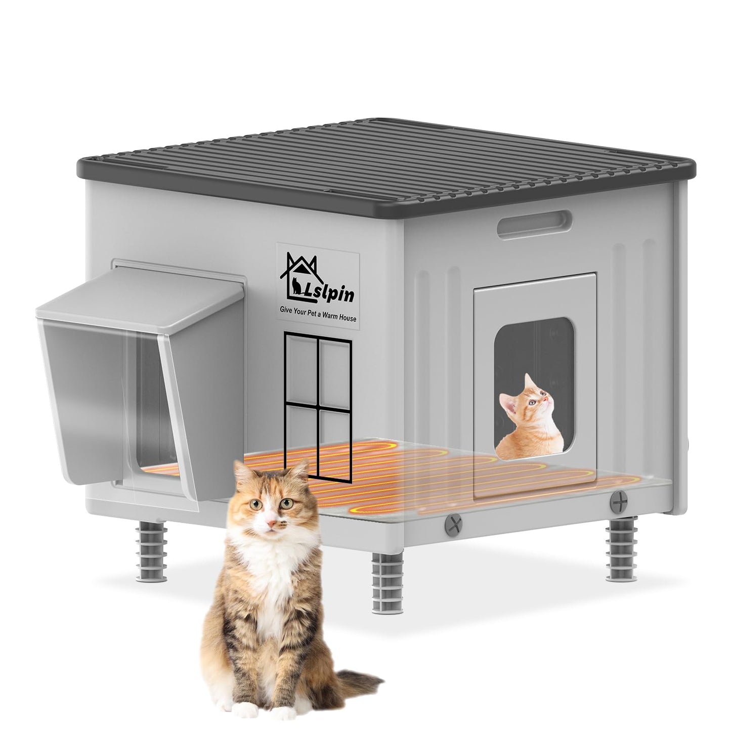 Lslpin Indestructible Heated Cat House for Outdoor Cats – Weatherproof, Insulated Shelter with Escape Door (17.7×17.7×17.5 in)