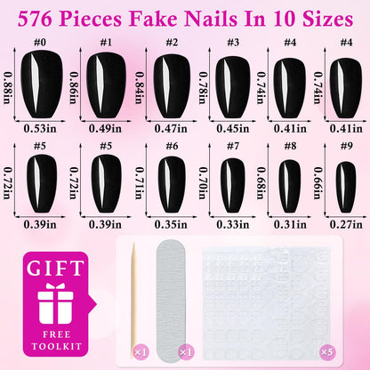 LuckForever 576pc Coffin Press-On Nails Kit — Short Acrylic Nails with Glue Tabs (24 Colors)