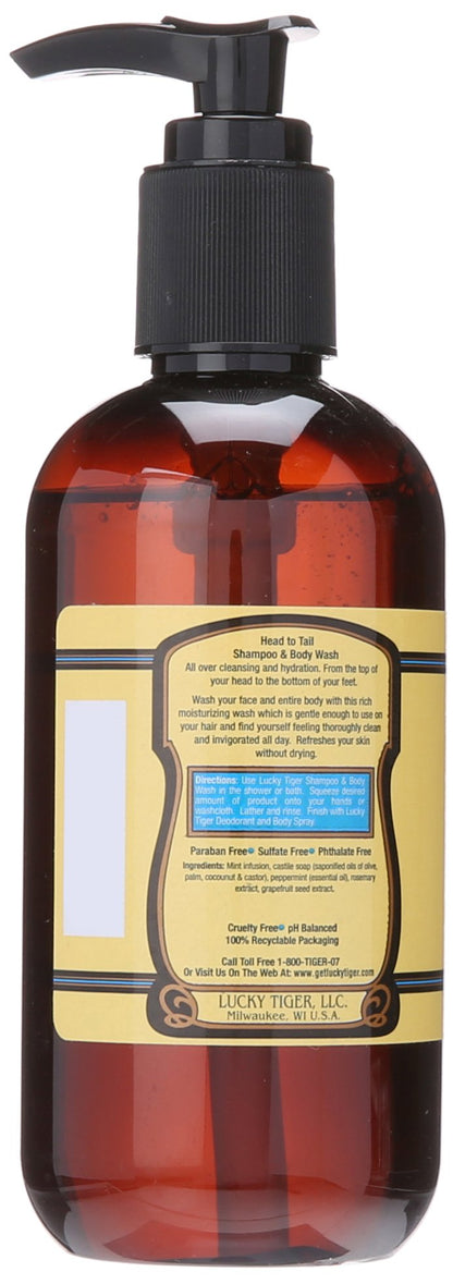 Lucky Tiger Shampoo & Body Wash, 8 Oz – Organic Peppermint All-in-One Cleanser