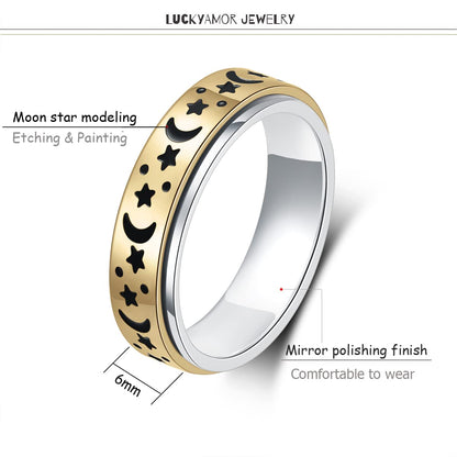 LuckyAmor Moon Star Spinner Ring – Stainless Steel Anxiety Ring for Women, 6mm Band, Sizes 5–11