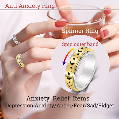 LuckyAmor Moon Star Spinner Ring – Stainless Steel Anxiety Ring for Women, 6mm Band, Sizes 5–11