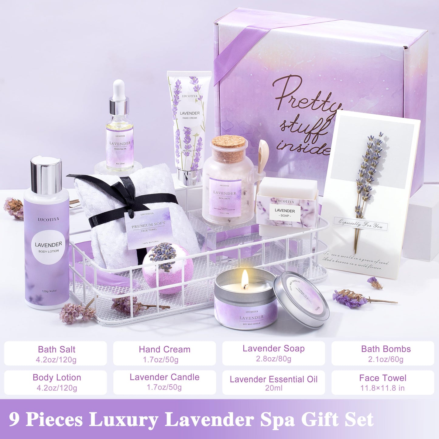 LUCOTIYA Lavender Spa Gift Set – 10-Piece Womens Bath & Body Gift Basket