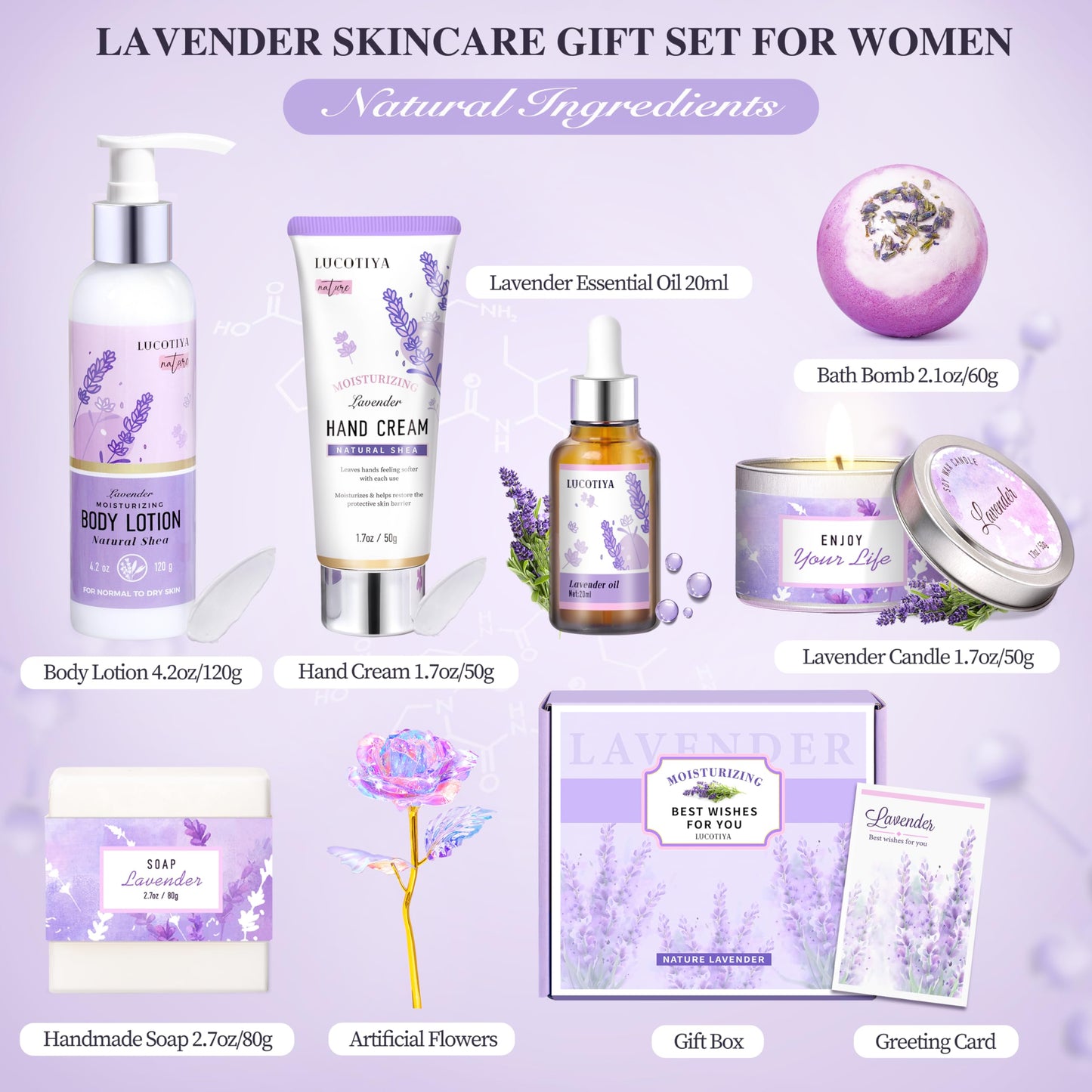 LUCOTIYA Lavender Spa Gift Set – Relaxing Bath & Body Gift Box for Her