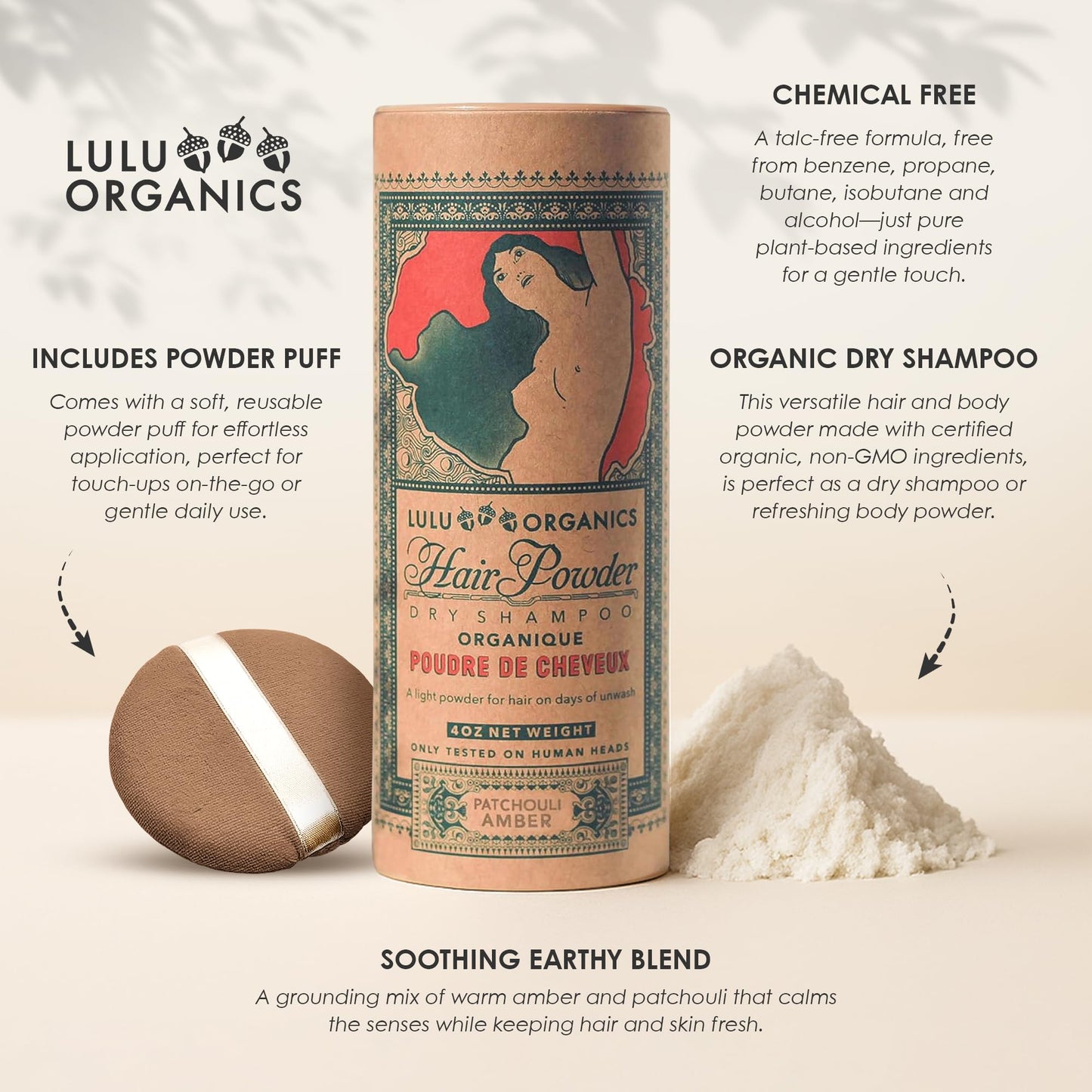 Lulu Organics Dry Shampoo Powder - Non-Aerosol, Talc-Free, Paraben-Free for Dark, Blonde or Oily Hair | 4oz