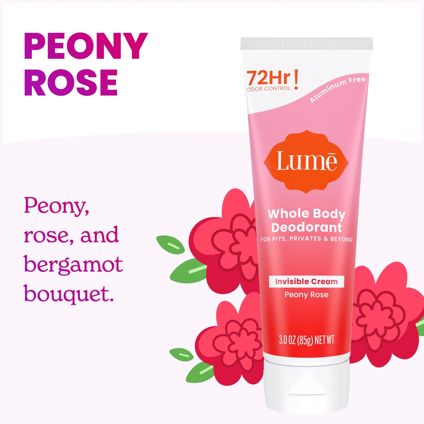 Lume Whole Body Deodorant – Peony Rose Invisible Cream Tube, 72-Hour Odor Control, Aluminum & Baking Soda Free