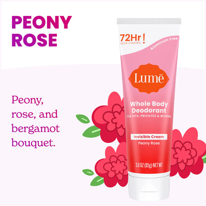 Lume Whole Body Deodorant – Peony Rose Invisible Cream Tube, 72-Hour Odor Control, Aluminum & Baking Soda Free
