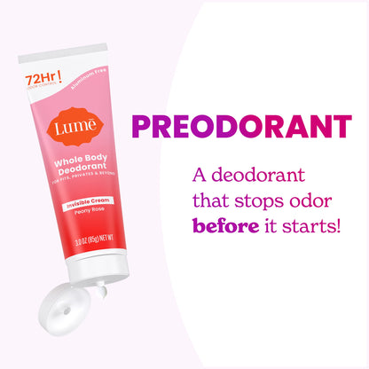 Lume Whole Body Deodorant - Peony Rose Invisible Cream - 72-Hour Odor Control - Aluminum & Baking Soda Free - 3.0 oz Pack of 2