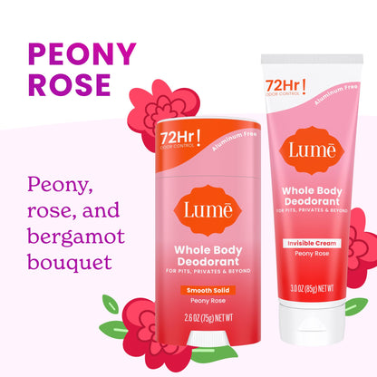 Lume Whole Body Deodorant - Invisible Cream & Solid Bundle | 72-Hour Odor Control | Aluminum Free, Baking Soda Free, Skin Safe - Peony Rose