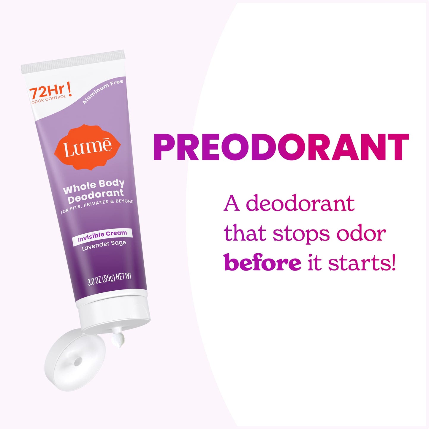 Lume Whole Body Deodorant - Lavender Sage | 72 Hour Odor Control, Aluminum Free & Baking Soda Free, 3 oz Tube (Pack of 2)