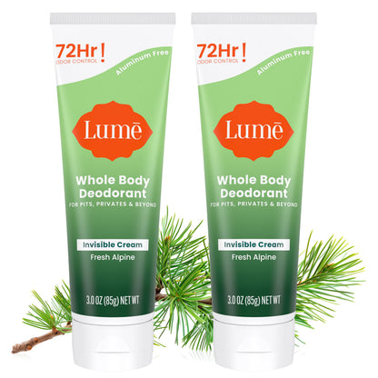 Lume Whole Body Deodorant - Fresh Alpine, Aluminum-Free & Baking Soda-Free, 72-Hour Odor Control (3.0 oz x 2)