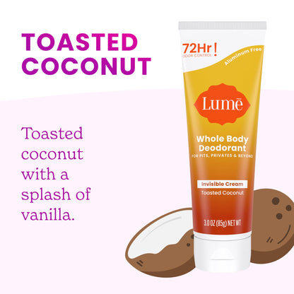 Lume Whole Body Deodorant Aluminum-Free, Baking Soda Free | 72-Hour Odor Control | Pack of 2 (Soft Powder & Toasted Coconut)