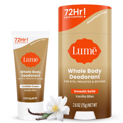 Lume Whole Body Deodorant Bundle – Invisible Cream Mini + Vanilla Bliss Solid Stick – 72-Hour Odor Control