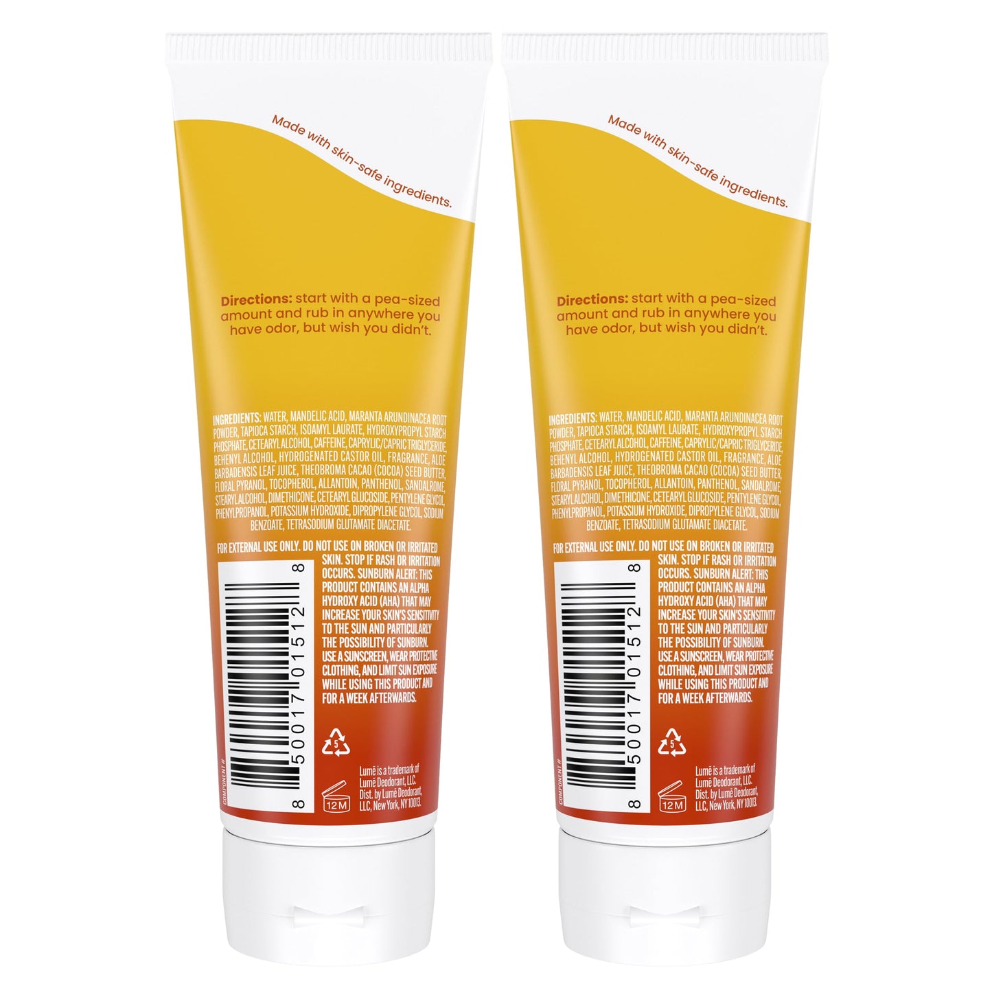 Lume Whole Body Deodorant - Invisible Cream Tube - 72 Hour Odor Control - Aluminum Free, Baking Soda Free, Skin Safe - Toasted Coconut (Pack of 2, 3.0 oz)