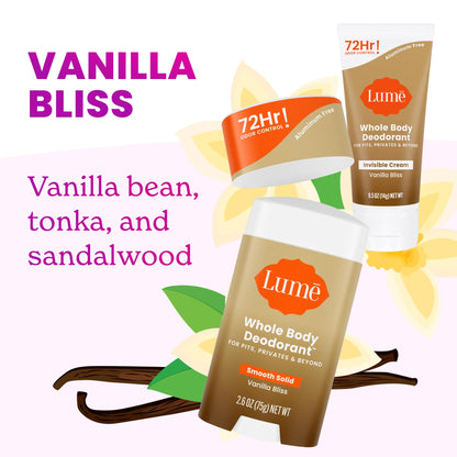 Lume Whole Body Deodorant Bundle – Invisible Cream Mini + Vanilla Bliss Solid Stick – 72-Hour Odor Control