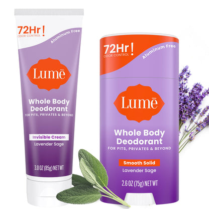 Lume Whole Body Deodorant Bundle - Lavender Sage Cream & Solid, Aluminum Free, 72-Hour Odor Control
