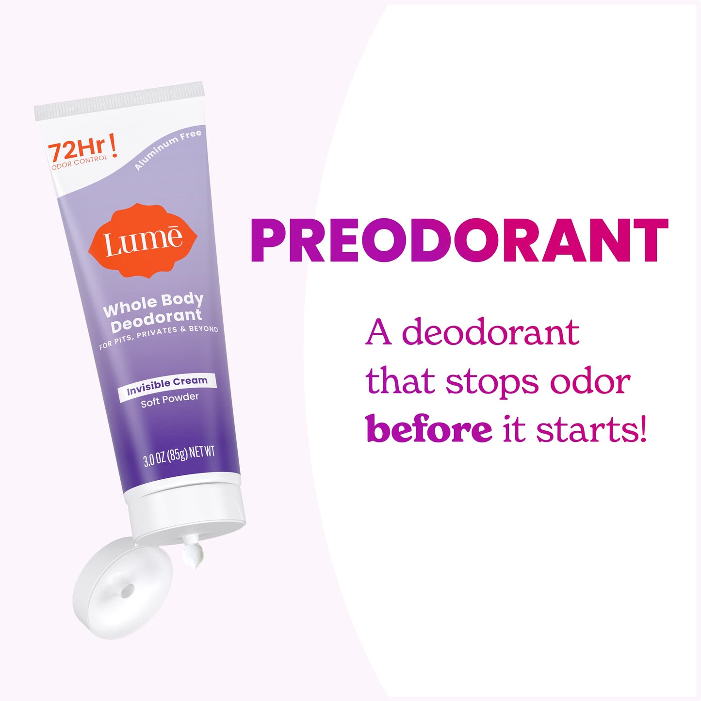 Lume Whole Body Deodorant - Invisible Cream Tube (2-Pack) | 72-Hour Odor Control | Aluminum & Baking Soda Free | Soft Powder