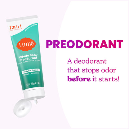 Lume Whole Body Deodorant - Invisible Cream Tube | 72-Hour Odor Control | Minted Cucumber