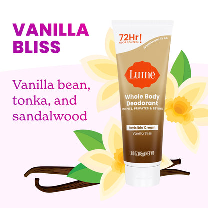 Lume Whole Body Deodorant - Invisible Cream Tube | 72-Hour Odor Control | Aluminum & Baking Soda Free | Vanilla Bliss
