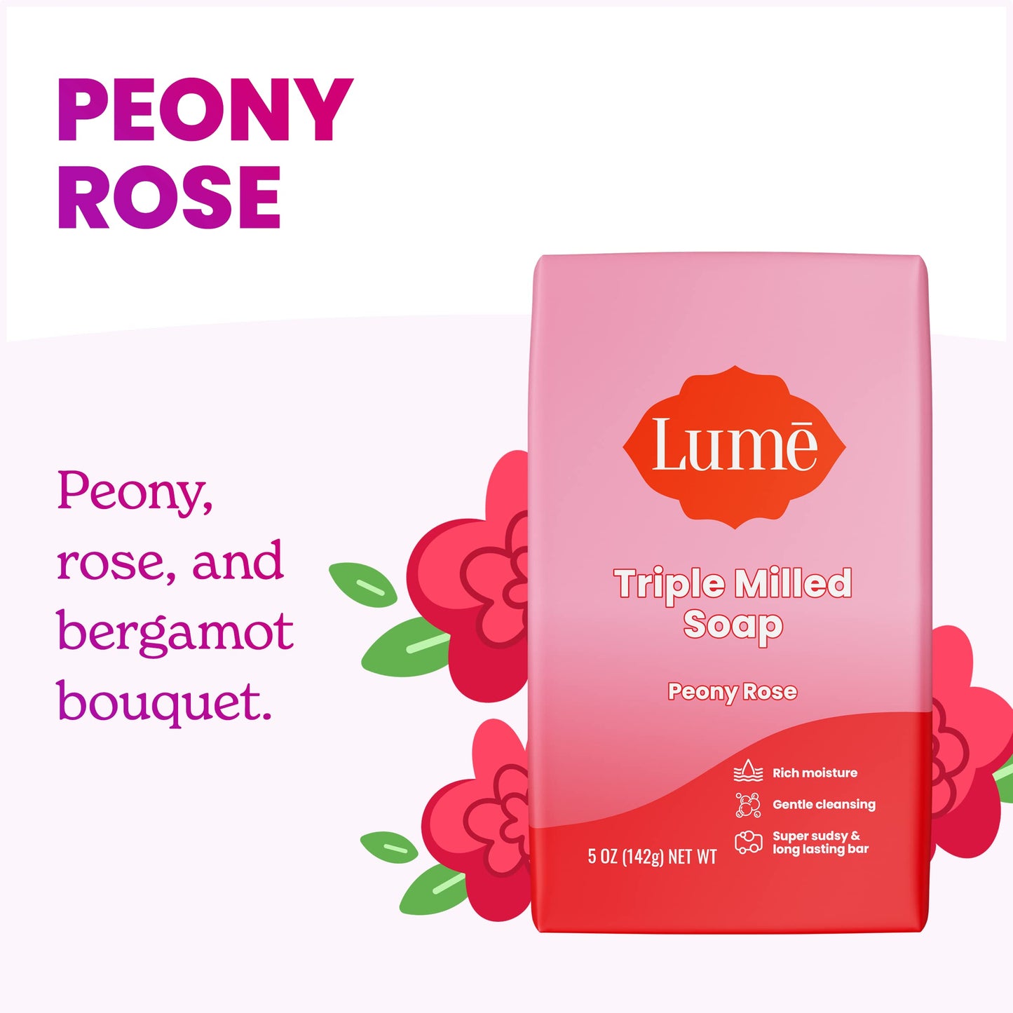 Lume Triple Milled Bar Soap – Rich Moisture & Gentle Cleansing | Peony Rose, Pack of 4 (5 oz each)