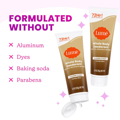 Lume Whole Body Deodorant - Invisible Cream Tube | 72-Hour Odor Control | Aluminum & Baking Soda Free | Vanilla Bliss